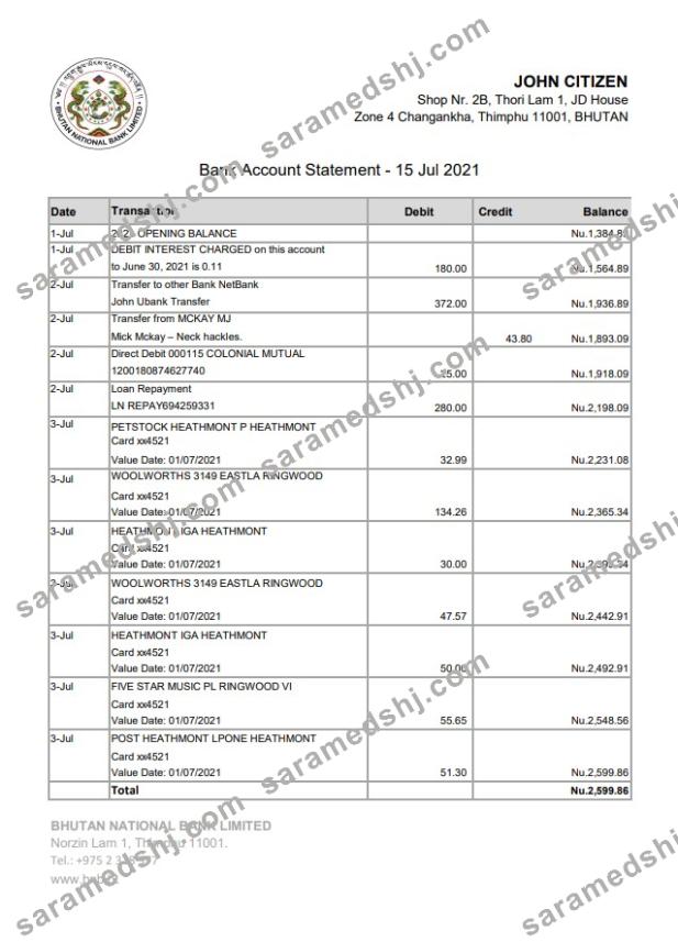 Bhutan National Bank statement easy to fill template in Excel and PDF format